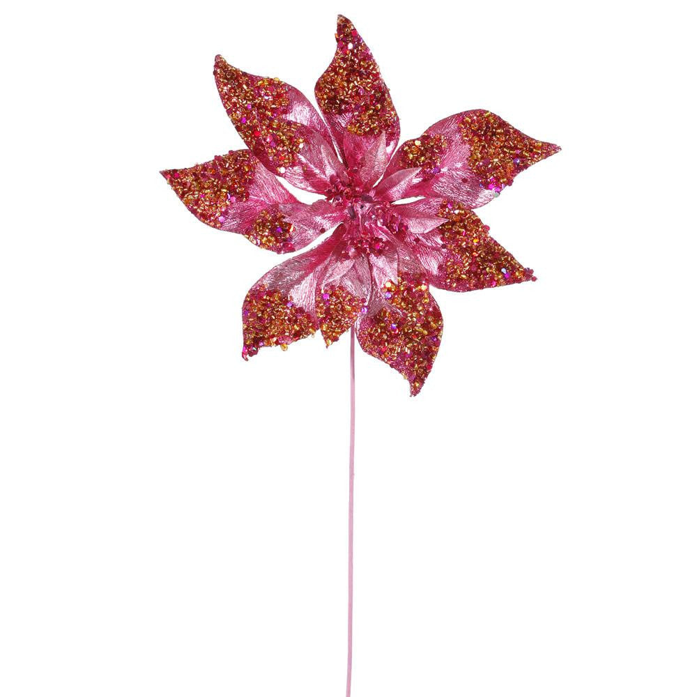 24" Pink Glitter Beaded Poinsettia Flower Artificial Christmas Spray Pick