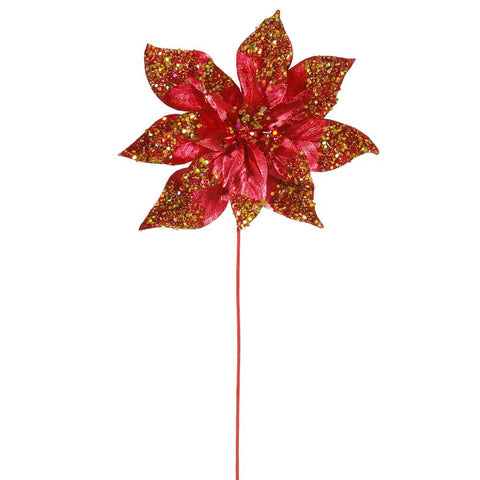 24" Crimson Red Glitter Beaded Poinsettia Flower Artificial Christmas Spray Pick