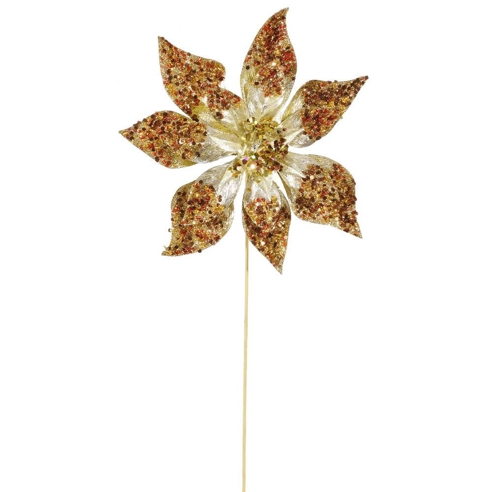 24" Gold Glitter Beaded Poinsettia Flower Artificial Christmas Spray Pick