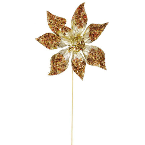 24" Gold Glitter Beaded Poinsettia Flower Artificial Christmas Spray Pick