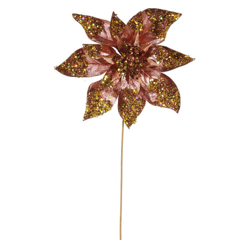 24" Chocolate Brown Glitter Beaded Poinsettia Flower Artificial Christmas Spray Pick