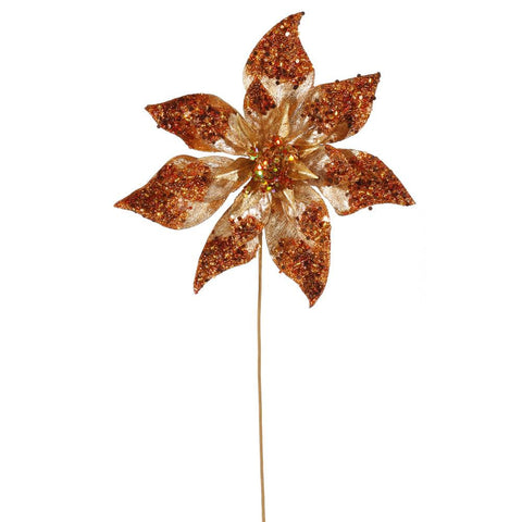 24" Copper Glitter Beaded Poinsettia Flower Artificial Christmas Spray Pick