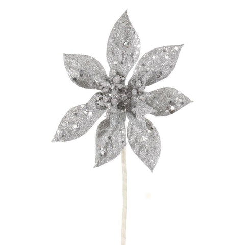 11" Silver Glitter Poinsettia Flower Artificial Christmas Spray Pick