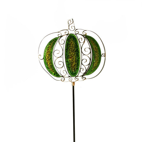 36" Metal Scrollwork Pumpkin with Inlaid Decorative Glass Yard Stake - Green