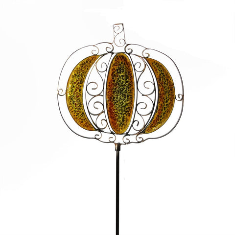 36" Metal Scrollwork Pumpkin with Inlaid Decorative Glass Yard Stake - Yellow