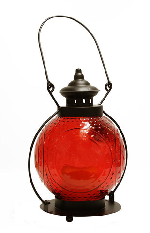 11" Red Molded Glass Lantern with Flameless LED Pillar Timer Candle