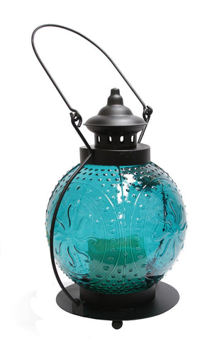 11" Ocean Blue Molded Glass Lantern with Flameless LED Pillar Timer Candle