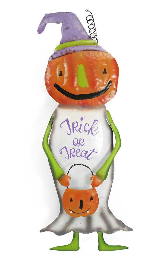 38.5" White Harvest Pumpkin Friend "Trick or Treat" Metal Garden Yard Stake