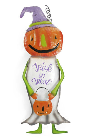 38.5" White Harvest Pumpkin Friend "Trick or Treat" Metal Garden Yard Stake