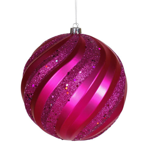 Cerise Pink Glitter Swirl Shatterproof Christmas Ball Ornament 6" (150mm)