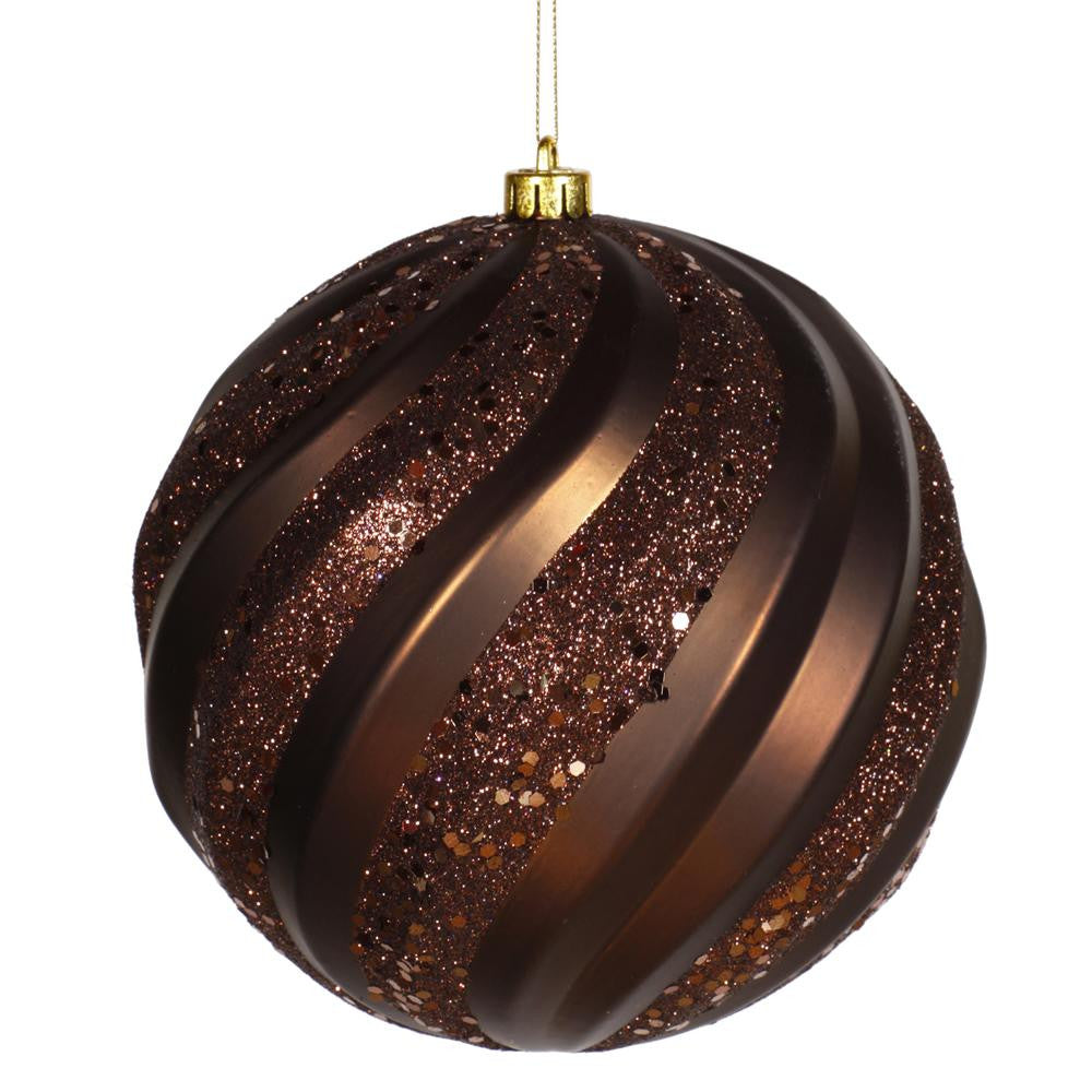 Chocolate Brown Glitter Swirl Shatterproof Christmas Ball Ornament 6" (150mm)