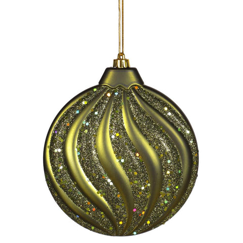 Olive Green Glitter Swirl Shatterproof Christmas Disc Ornament 6" (150mm)