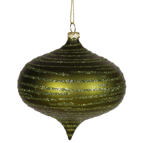 Olive Green Glitter Striped Shatterproof Christmas Onion Ornament 4" (100mm)