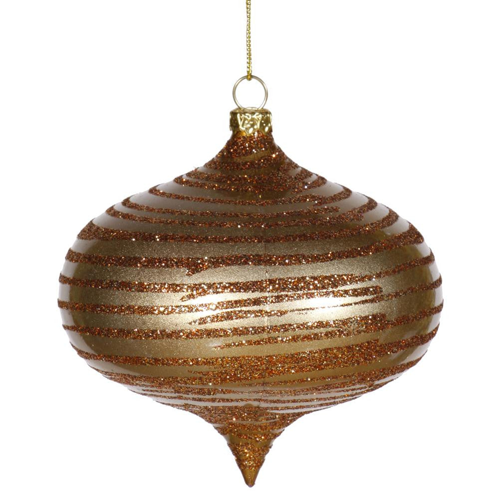 Antique Gold Glitter Striped Shatterproof Christmas Onion Ornament 4" (100mm)