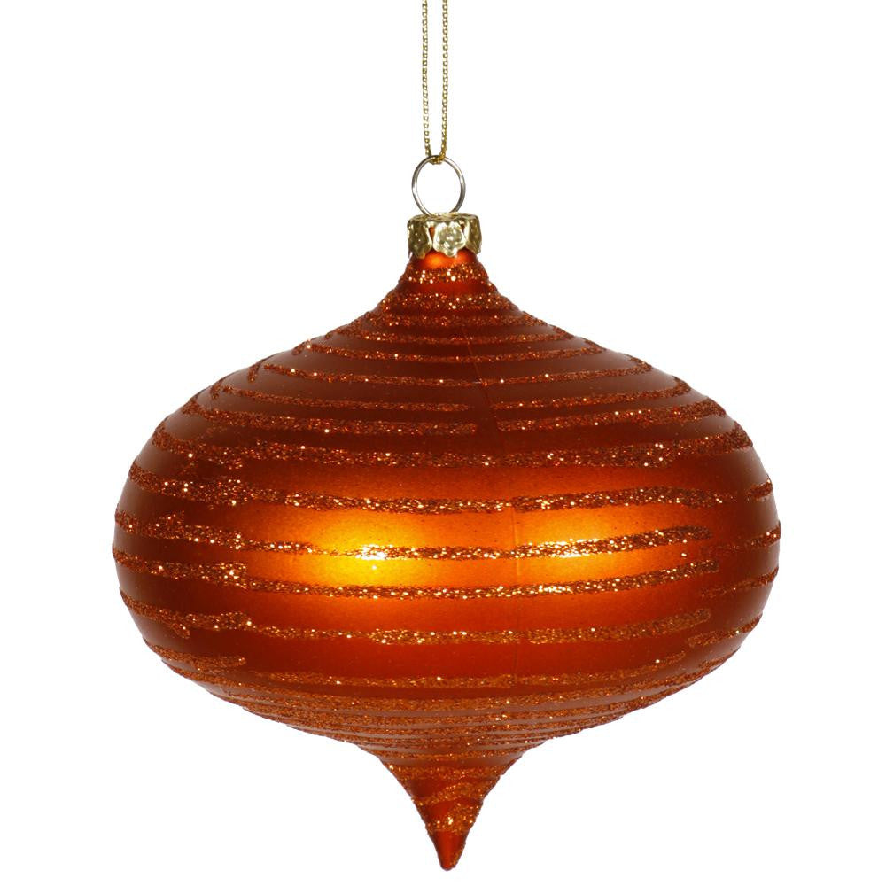 Burnt Orange Glitter Striped Shatterproof Christmas Onion Ornament 4" (100mm)