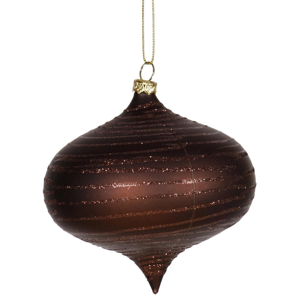 Chocolate Brown Glitter Striped Shatterproof Christmas Onion Ornament 4" (100mm)