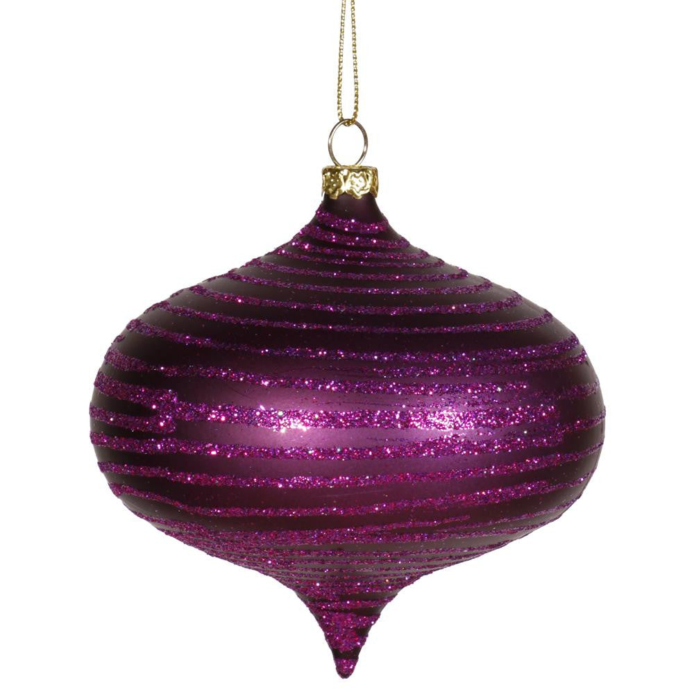 Plum Purple Glitter Striped Shatterproof Christmas Onion Ornament 4" (100mm)