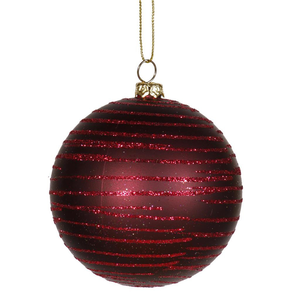 Burgundy Glitter Striped Shatterproof Christmas Ball Ornament 3" (75mm)