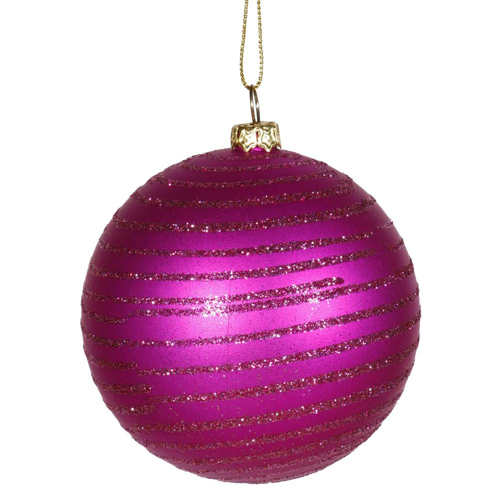 Cerise Pink Glitter Striped Shatterproof Christmas Ball Ornament 3" (75mm)