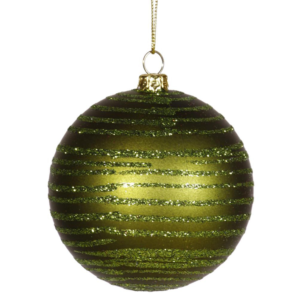 Olive Green Glitter Striped Shatterproof Christmas Ball Ornament 3" (75mm)