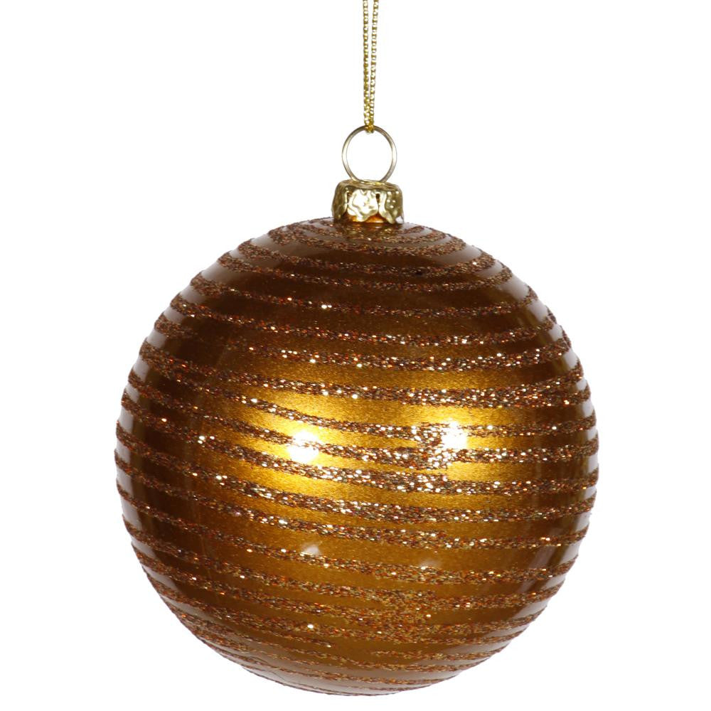 Antique Gold Glitter Striped Shatterproof Christmas Ball Ornament 3" (75mm)