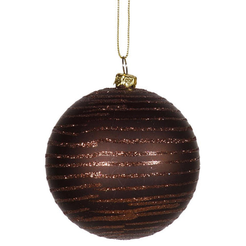 Chocolate Brown Glitter Striped Shatterproof Christmas Ball Ornament 3" (75mm)