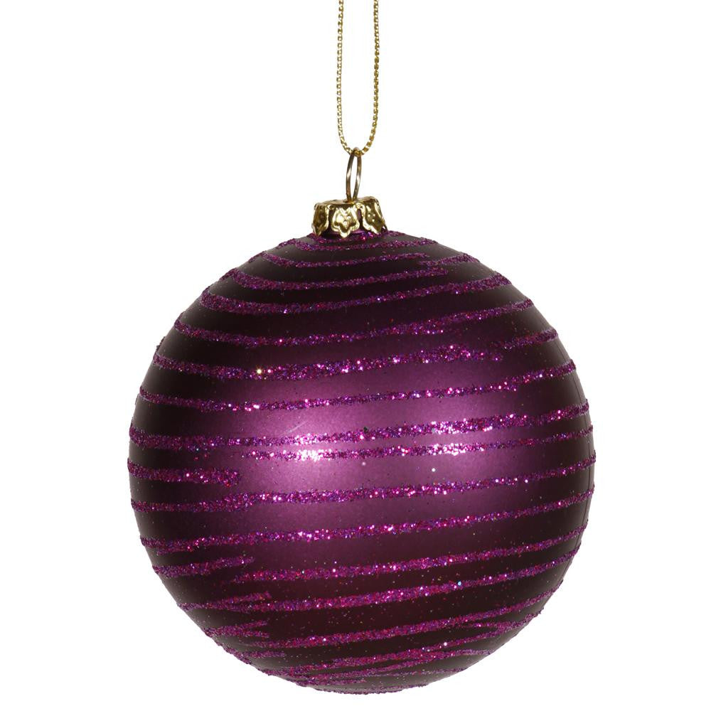 Plum Purple Glitter Striped Shatterproof Christmas Ball Ornament 3" (75mm)