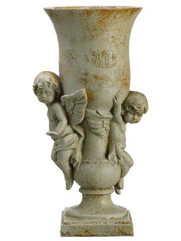 17.75" Rustic Cream Decorative Antiqued Urn-Style Planter with Angels