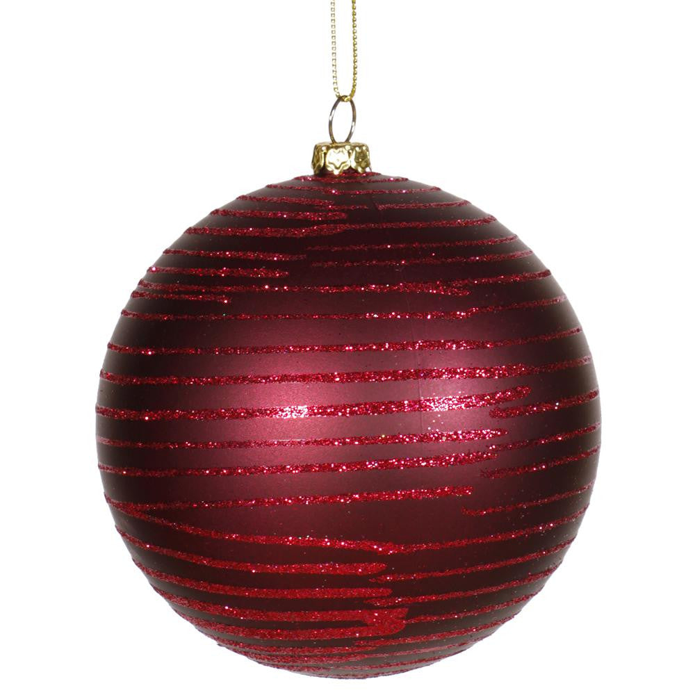 Burgundy Glitter Striped Shatterproof Christmas Ball Ornament 4" (100mm)