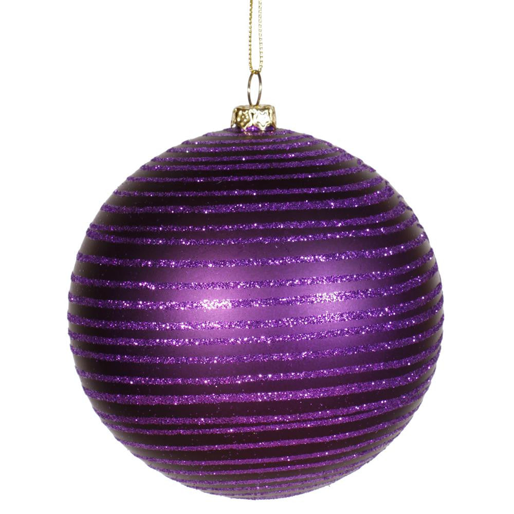 Purple Passion Glitter Striped Shatterproof Christmas Ball Ornament 4" (100mm)