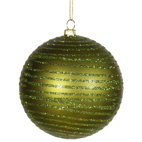 Olive Green Glitter Striped Shatterproof Christmas Ball Ornament 4" (100mm)