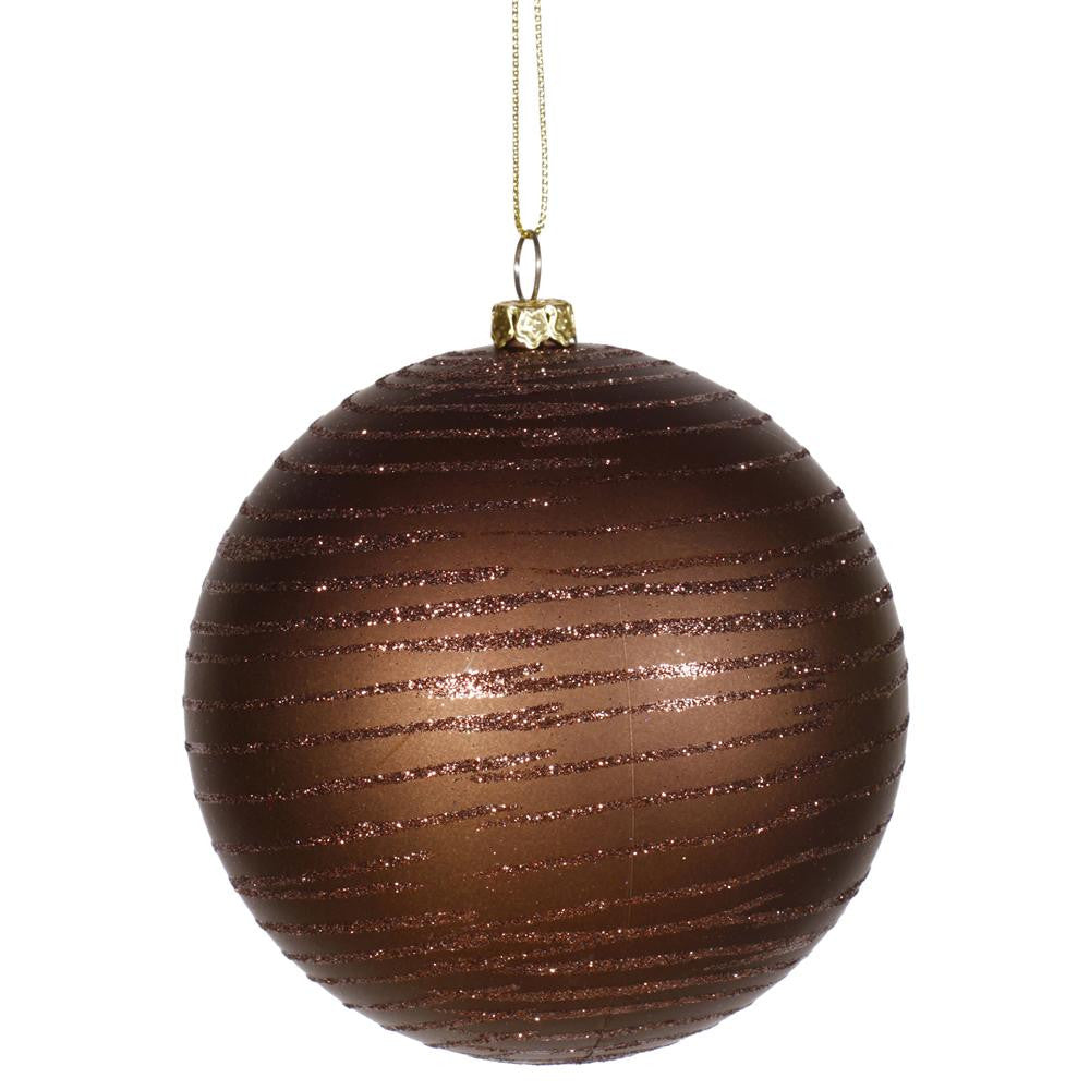 Chocolate Brown Glitter Striped Shatterproof Christmas Ball Ornament 4" (100mm)