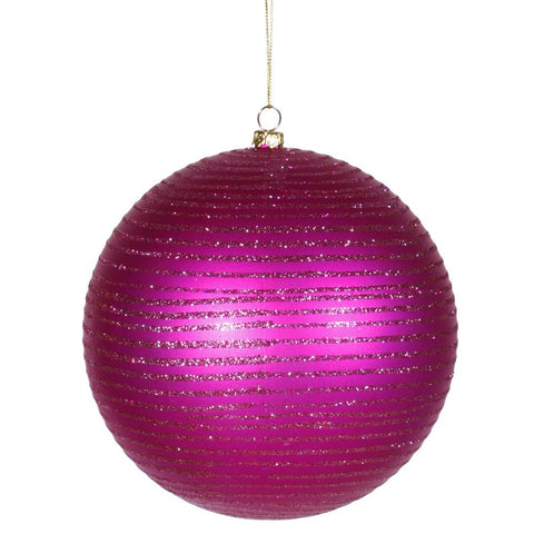 Cerise Pink Glitter Striped Shatterproof Christmas Ball Ornament 4.75" (120mm)