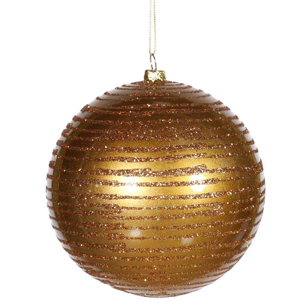 Antique Gold Glitter Striped Shatterproof Christmas Ball Ornament 4.75" (120mm)