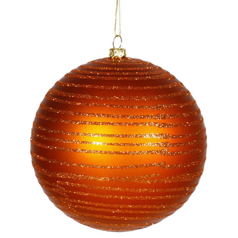 Burnt Orange Glitter Striped Shatterproof Christmas Ball Ornament 4.75" (120mm)