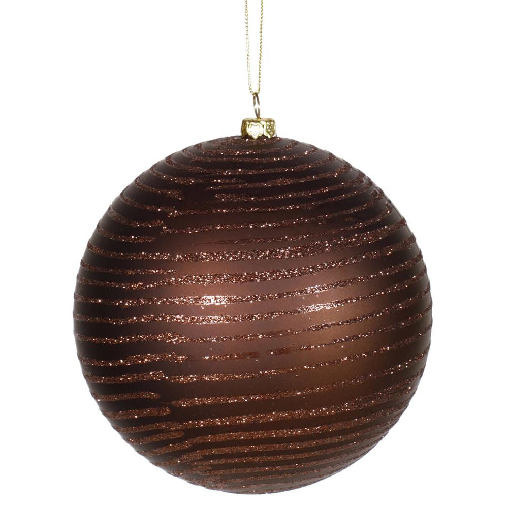 Chocolate Brown Glitter Stripe Shatterproof Christmas Ball Ornament 4.75"(120mm)