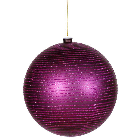 Plum Purple Glitter Striped Shatterproof Christmas Ball Ornament 4.75" (120mm)