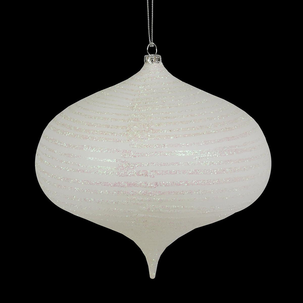 Winter White Glitter Striped Shatterproof Christmas Onion Ornament 6.3" (160mm)