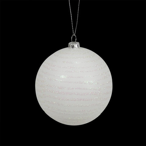 Winter White Glitter Striped Shatterproof Christmas Ball Ornament 3" (75mm)