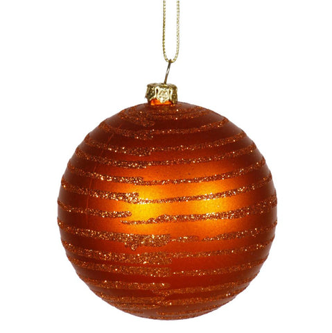 Burnt Orange Glitter Striped Shatterproof Christmas Ball Ornament 3" (75mm)