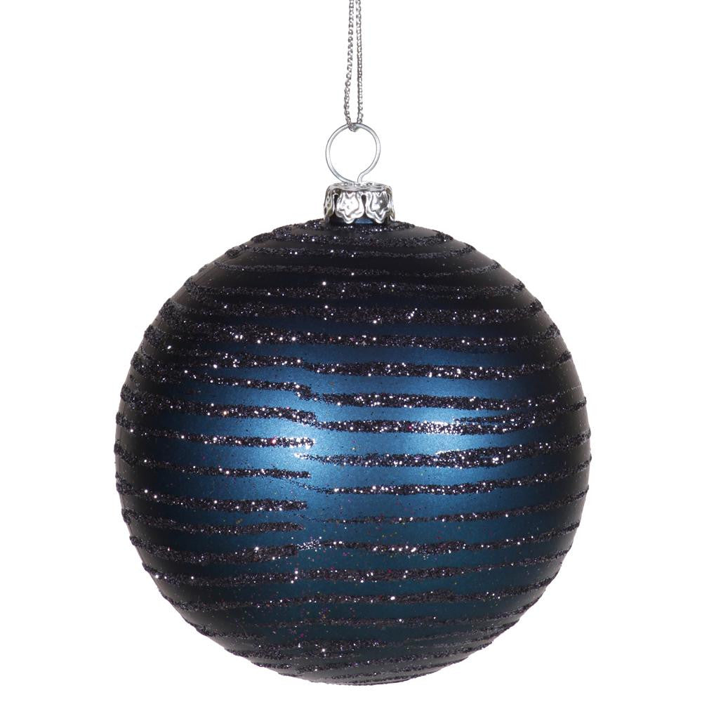 Sea Blue Glitter Striped Shatterproof Christmas Ball Ornament 3" (75mm)