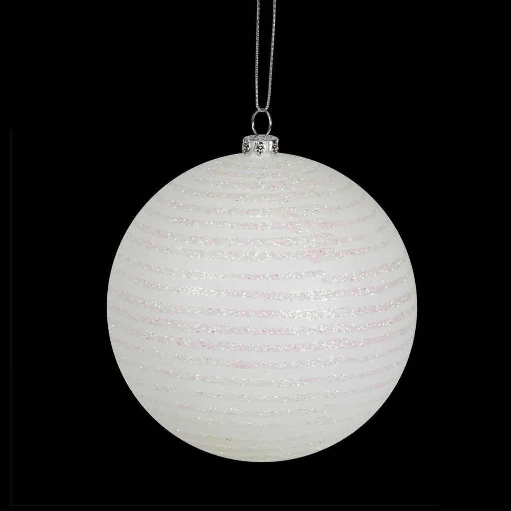 Winter White Glitter Striped Shatterproof Christmas Ball Ornament 4" (100mm)