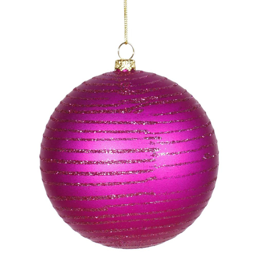 Cerise Pink Glitter Striped Shatterproof Christmas Ball Ornament 4" (100mm)