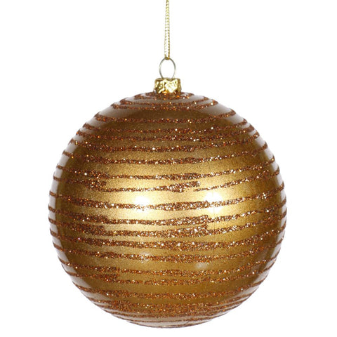 Antique Gold Glitter Striped Shatterproof Christmas Ball Ornament 4" (100mm)