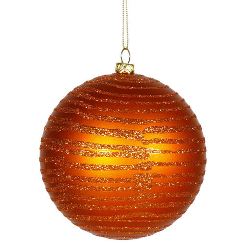 Burnt Orange Glitter Striped Shatterproof Christmas Ball Ornament 4" (100mm)