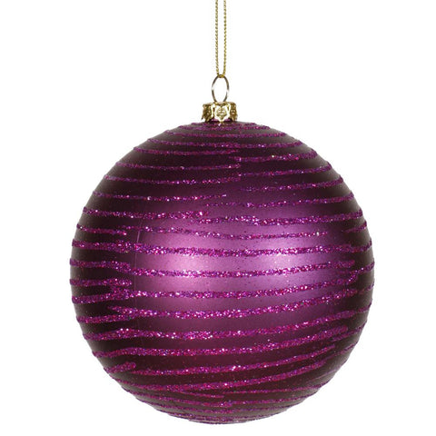 Plum Purple Glitter Striped Shatterproof Christmas Ball Ornament 4" (100mm)