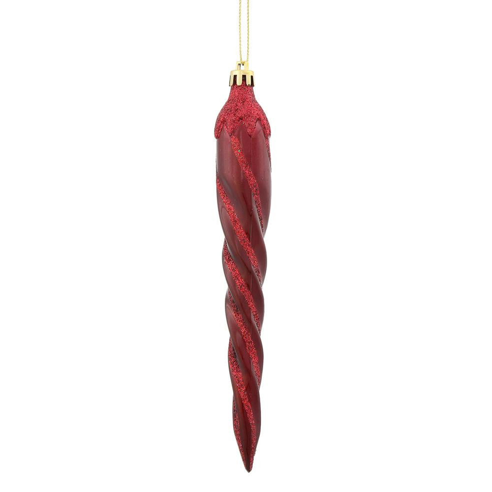 8ct Burgundy Glitter Spiral Icicle Shatterproof Christmas Ornaments 7.5"