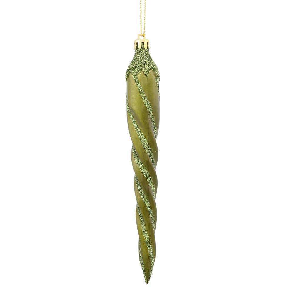 8ct Olive Green Glitter Spiral Icicle Shatterproof Christmas Ornaments 7.5"