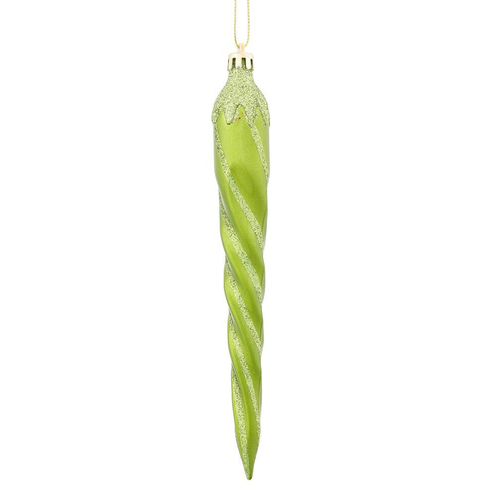 8ct Lime Green Glitter Spiraling Icicle Shatterproof Christmas Ornaments 7.5"