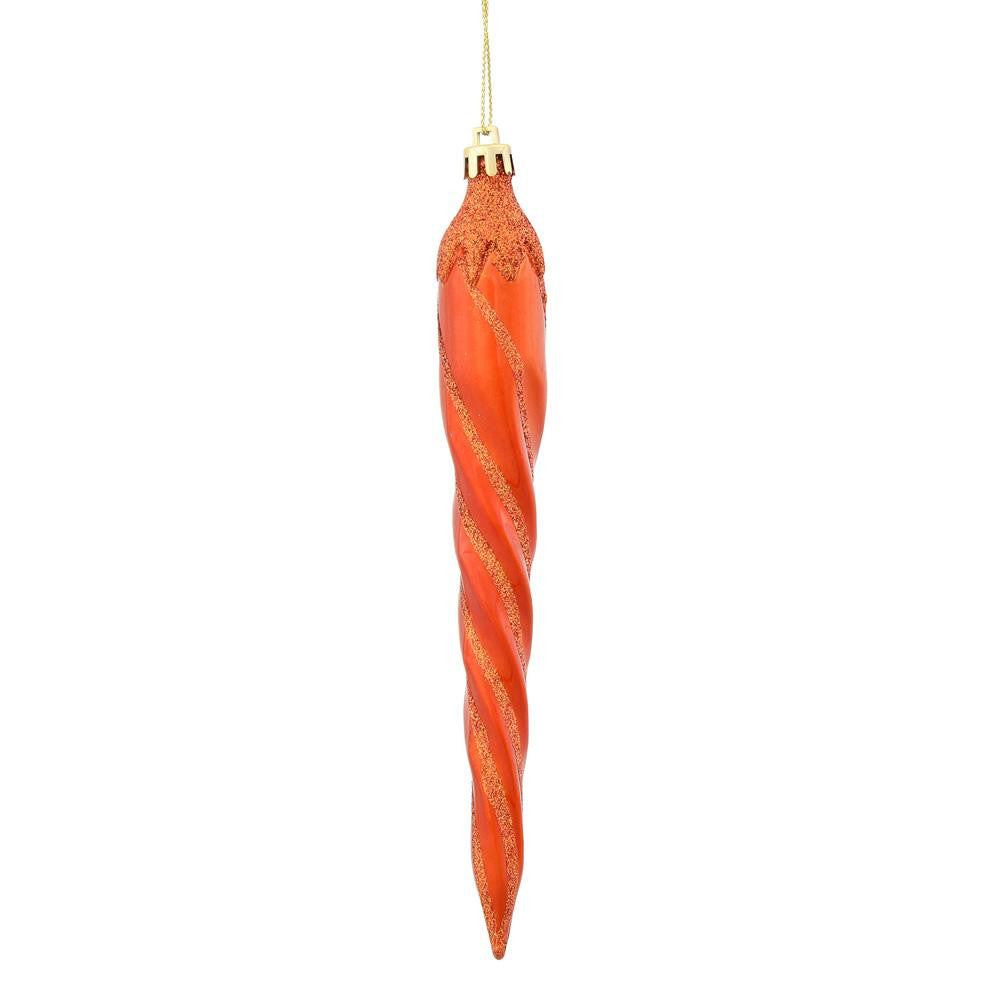 8ct Burnt Orange Glitter Spiral Icicle Shatterproof Christmas Ornaments 7.5"